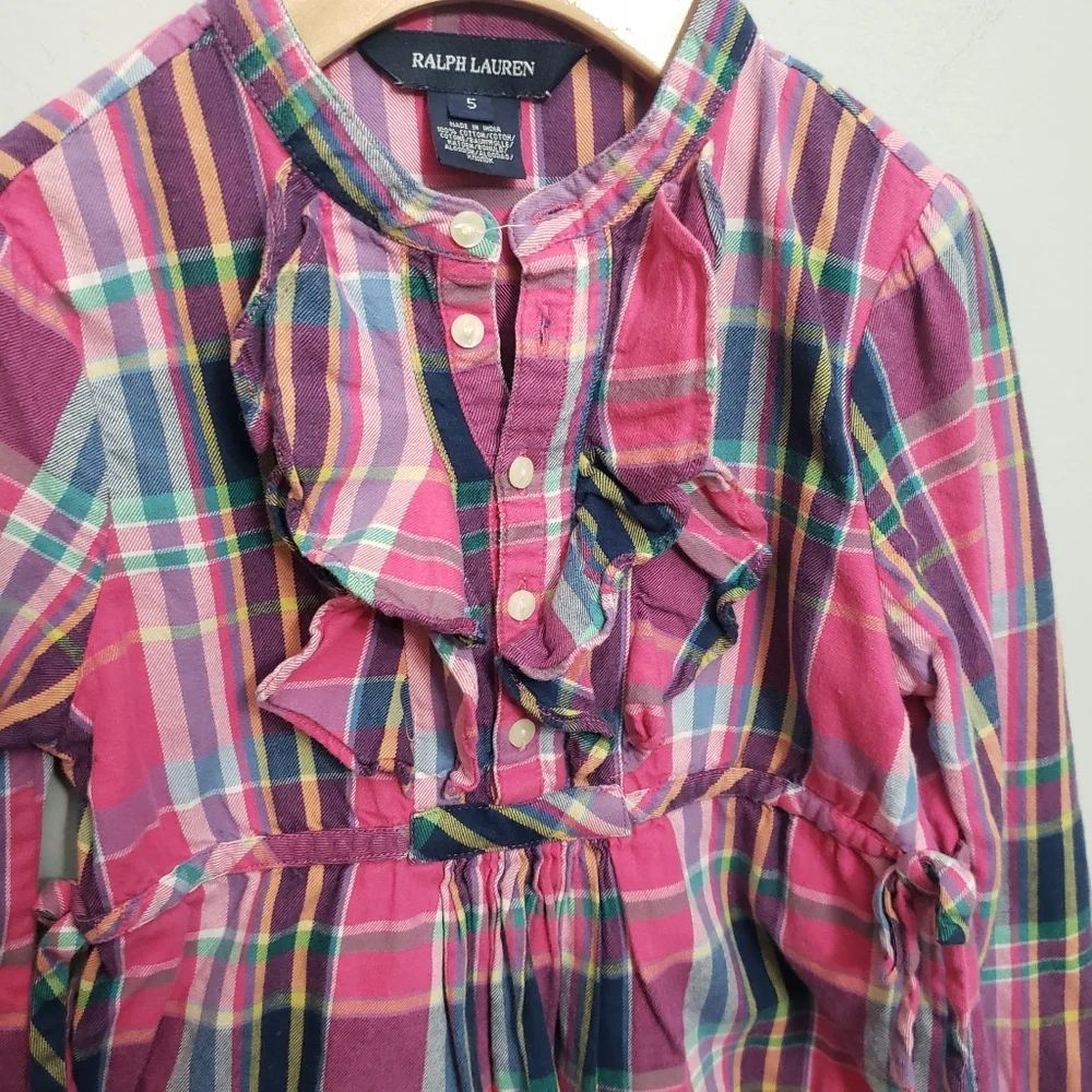Ralph Lauren Size 5 Girls Pink Plaid Ruffle Bow Half Placket Button Top